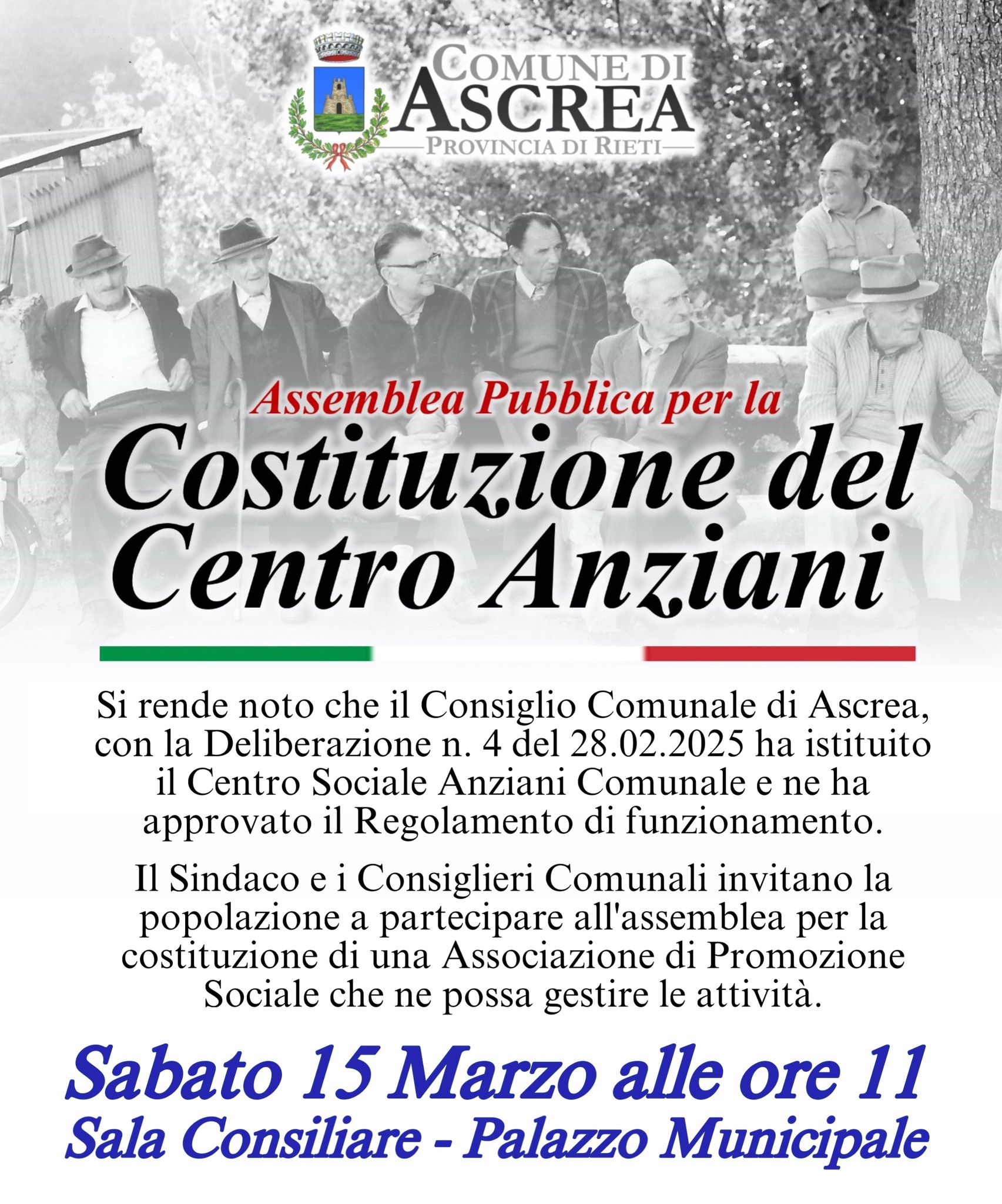 Assemblea pubblica per la Costituzione dell'associazione di promozione sociale per la gestione del centro anziani comunale di Ascrea